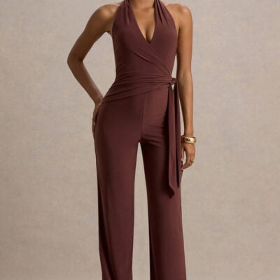 Marlais | Chocolate Plunge-Neck Jumpsuit With Tie-Waist