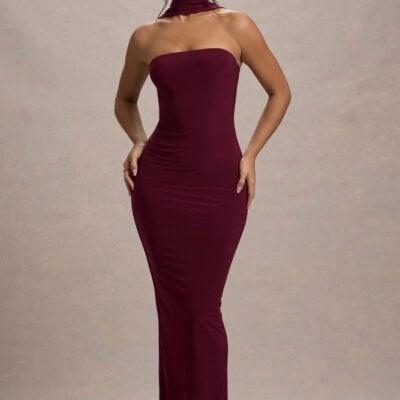 Nobu | Burgundy Bandeau Maxi Dress With Halter-Collar