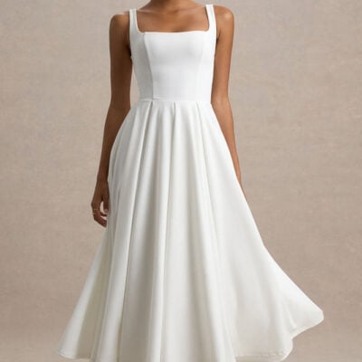 Parina | White Strappy Volume-Hem Midi Dress