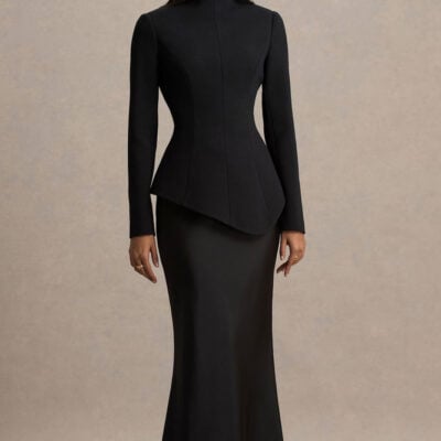 Pepita | Black High-Neck Tailored Maxi Dress With Drop-Waist And Satin Skirt