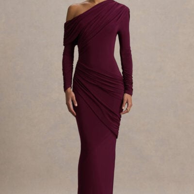 Perrie | Burgundy Asymmetric-Neck Maxi Dress With Ruched Detailing
