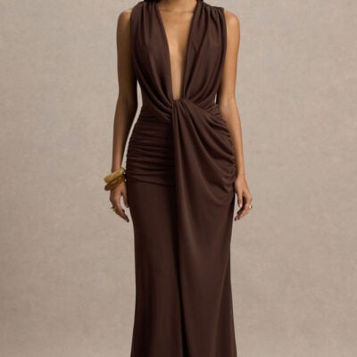Serafina | Chocolate Extreme-Plunge Neck Maxi Dress With Wrap And Ruched Details