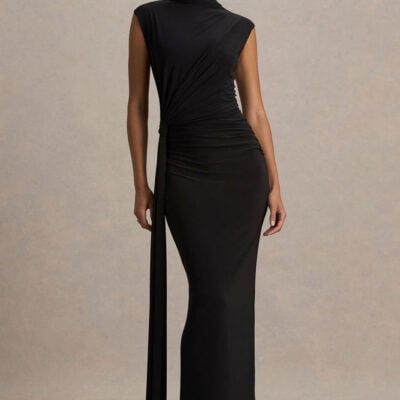 Solene | Black High-Neck Maxi Dress With Wrap And Drape Detail