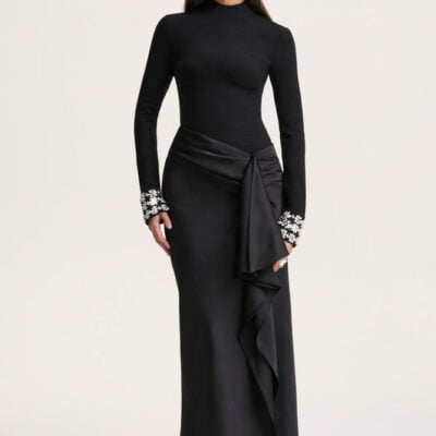 Starred | Black High-Neck Maxi Dress With Satin Wrap-Skirt And Embellished Cuffs