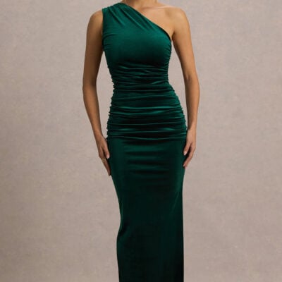 Treat | Bottle Green Velvet Asymmetric-Neck Maxi Dress With Ruched Detailing