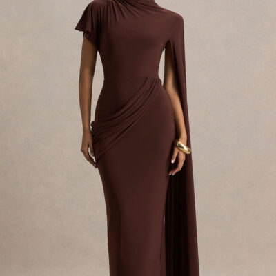 Tropic | Brown High-Neck Maxi With Long Cape Sleeve