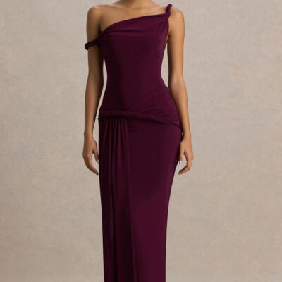 Tulisa | Burgundy Asymmetric-Neck Maxi Dress With Twist Sleeves And Ruched Detailing