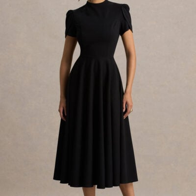 Vicky | Black High Neck Midi Dress With Puff Sleeves