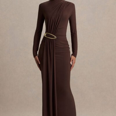 Zadie | Brown High-Neck Maxi Dress With Gathered-Detail
