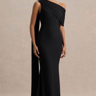 Zendaya | Black Asymmetric-Neck Fishtail Maxi Dress With Sash