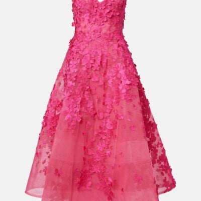 Monique Lhuillier Floral-Appliqué Tulle Midi Dress