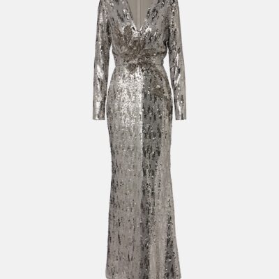Elie Saab Floral-Appliqué Sequined Silk-Blend Gown