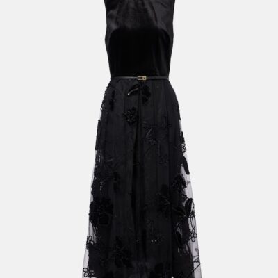 Elie Saab Embroidered Tulle And Velvet Midi Dress