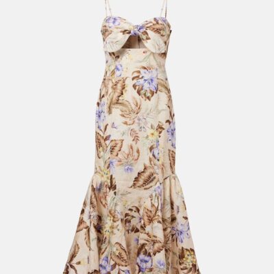Zimmermann Coco Bow-Detail Floral Linen Midi Dress