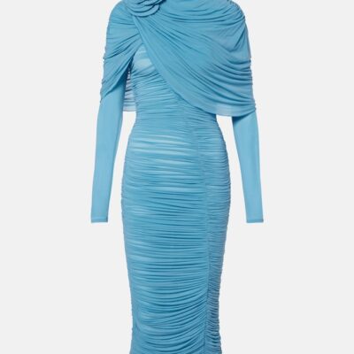 Magda Butrym Floral-Appliqué Ruched Caped Midi Dress