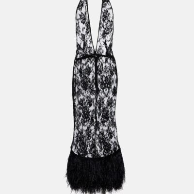 Dolce&Gabbana Feather-Trimmed Floral Lace Midi Dress
