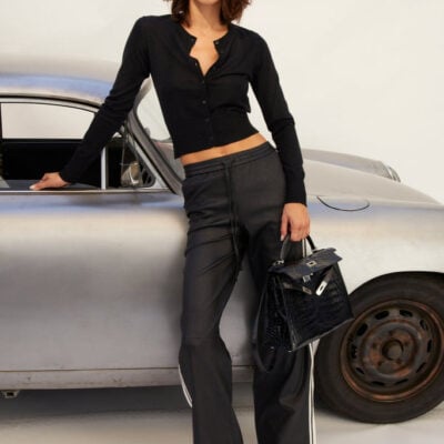 Black Leather Baggy Athletic Pants