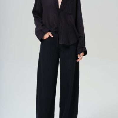 Brynn Drawstring Linen Trouser in Black