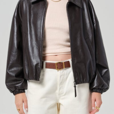 Bubble Hem Leather Bomber Jacket in Chocolate Dark Brown