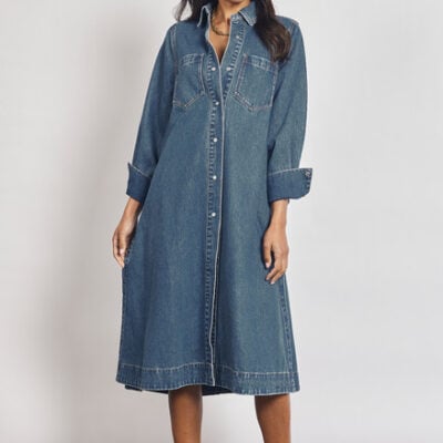 Denim Midi Shirt Dress in Mid Blue