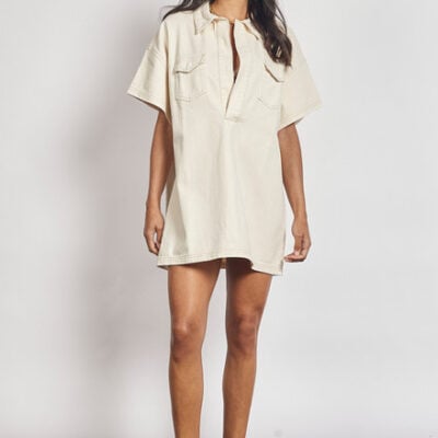 Denim Mini Shift Dress in Ecru