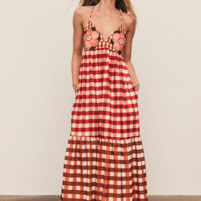 Gingham Embroidery Dress in Ruby Cream