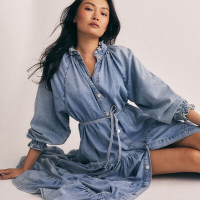 Light Denim Ruffle Maxi in Ice Blue