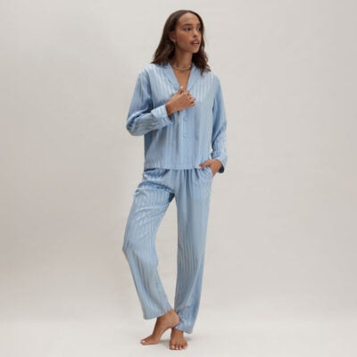 Washable Silk Striped Jacquard Long Sleeve Pant Set