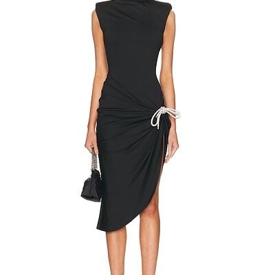 AREA Crystal Knot Draped Midi Dress