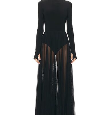 Norma Kamali Long Sleeve Turtleneck Bodysuit Flared Gown