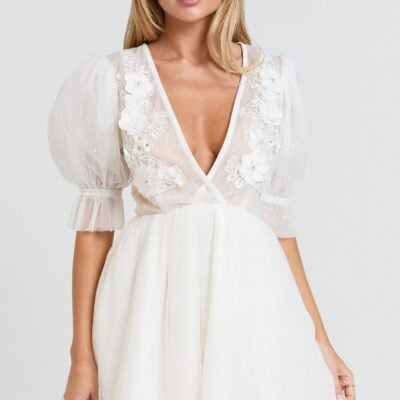 Akshia Mini Dress - Puff Sleeve Floral Detail Plunge Neck Dress in White