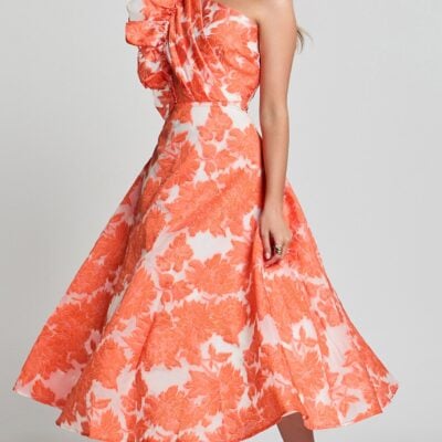 Alfreda Midi Dress - One Shoulder Ruffle Detail Brailey Jacquard Dress in Orange Jacquard