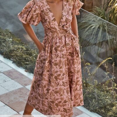 Amalie The Label - Franc Linen Puff Sleeve Wrap Midi Linen Dress in Vahala Print