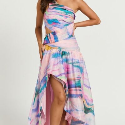 Amalie The Label - Keziah One Shoulder Asymmetric Midi Dress in Abstract Sunset Print
