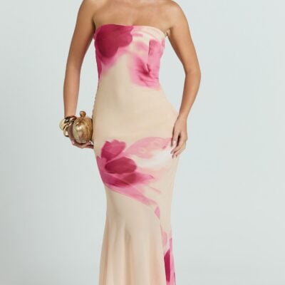 Angie Maxi Dress - Strapless Bias Column Dress with Scarf in Electric Bloom Lemon
