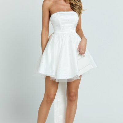 Cailene Mini Dress - Strapless Bow Train Fit and Flare Dress in Ivory