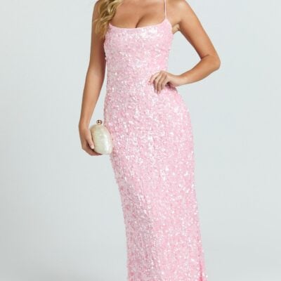 Clara Maxi Dress - Scoop Neck Tie Back Fitted Sequin Dress in Pink