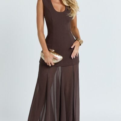 Frances Maxi Dress - Contrast U Neck Godet A Line Dress in Chocolate