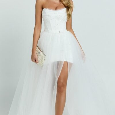 Kelsey Mini Dress - Beaded Strapless Corset Panel Dress with Detachable Tulle Skirt in White