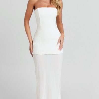 Keyla Maxi Dress - Strapless Contrast Skirt Dress in Ivory