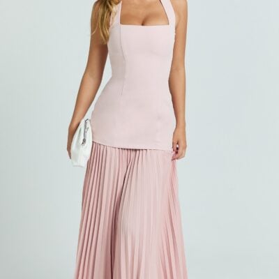 Loretta Maxi Dress - Contrast Halter Neck Pleated Dress in Pink