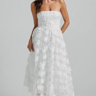Rheiva Midi Dress - Strapless 3D Embroidery Midi Dress in White