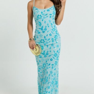 Robbie Maxi Dress - Strappy Scoop Neck Column Fitted Sequin Mesh Dress in Blue