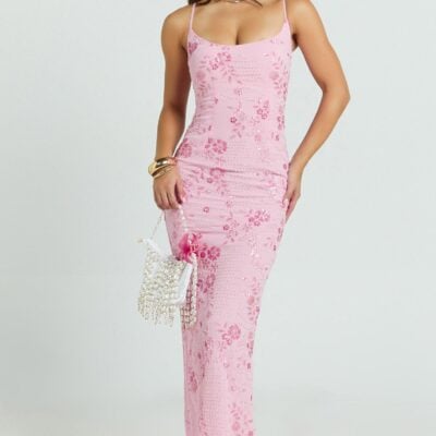 Shari Maxi Dress - Strappy Scoop Neck Column Fitted Sequin Mesh Dress in Pink