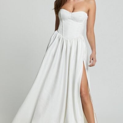 Vivian Maxi Dress - Strapless Corset Front Split Dress in Ivory
