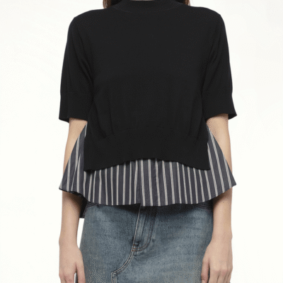 Sacai Poplin X Knit Pullover in Black/dark Navy Stripe Black / 1