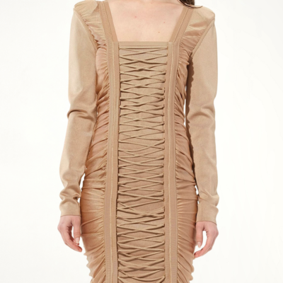 Balmain Maille Knit Const Dress in Sand Brown / 38