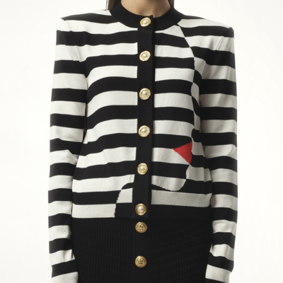 Balmain Buttoned Face Mariniere Knit Cardigan in Black/white Black / 34