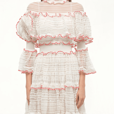 Alexander Mcqueen Amq - Volume Lace Mini Dress in White/pink White / S