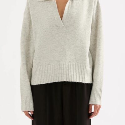 Nude Lucy Kinsley Rugby Knit Sweater Grey Premium Fluffy Yarn Rugby Collar Rib Knit Cuffs XXL
